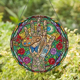 Tiffany Stained Glass Hand Palette Butterfly Rose Moon Stars Jewel Tones - Gift for Artists Stained Glass Suncatcher
