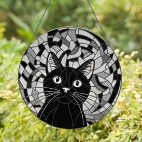 Curious Black Cat Head Stained Glass Mosaic - White Eyes & Whiskers Cat Lover Gift Stained Glass Suncatcher