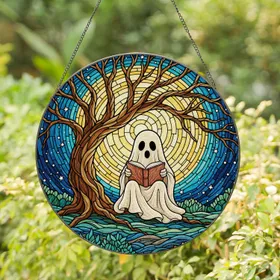 Friendly Ghost Reading Book, Van Gogh Starry Night Mosaic Moon, Tiffany Glass Style Stained Glass Suncatcher