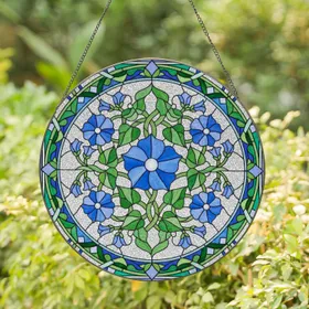 Tiffany Style Blue Flower Stained Glass Intricate Floral Mosaic with Green Leaves & Buds Stained Glass Suncatcher