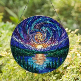 Stained Glass Mountain Lake Landscape Forest Celestial Sky Twilight Glowing Jewel Tones Stained Glass Suncatcher