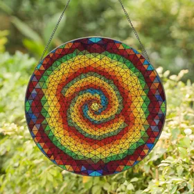 Abstract Geometric Spiral Mosaic - Tiffany Style Jewel Tone Vortex Full Frame Art Stained Glass Suncatcher