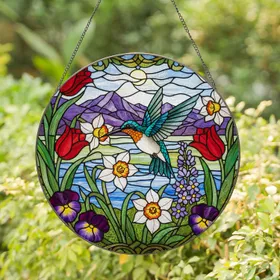 Hummingbird Daffodil Stained Glass Art - Tiffany Style Floral Mountain River Jewel Tones Stained Glass Suncatcher