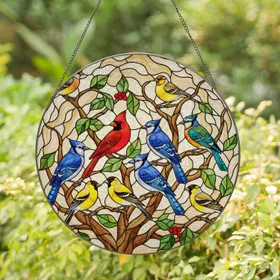 Eight Songbirds Stained Glass Art - Tiffany Jewel Tone Decor - Gnarled Tree Branches Stained Glass Suncatcher