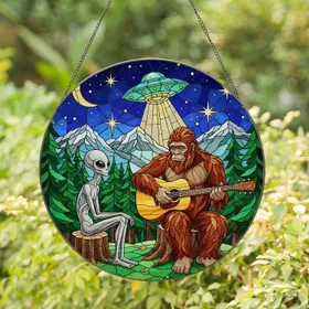 Bigfoot Alien UFO Tiffany Stained Glass - Cryptid Sci-Fi Mountain Night Sky Scene Stained Glass Suncatcher