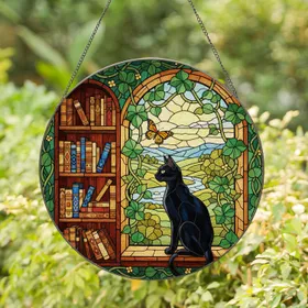 Black Cat Window Sill Bookshelf Monarch Butterfly Tiffany Glass Mosaic Arched Window Stained Glass Suncatcher