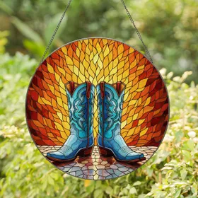 Western Cowboy Boots Stained Glass Art - Tiffany Blue Teal Golden Fiery Landscape Stained Glass Suncatcher