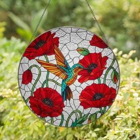 Iridescent Hummingbird Red Poppy Stained Glass Art - Tiffany Style Jewel Tone Floral Stained Glass Suncatcher
