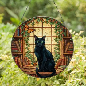 Black Cat Butterfly Bookshelf Stained Glass Window - Cat & Book Lover Gift Stained Glass Suncatcher