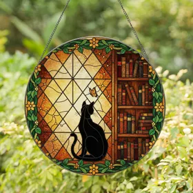 Black Cat Stained Glass Gridded Window Art - Butterfly Vines Bookshelf Tiffany Style Stained Glass Suncatcher