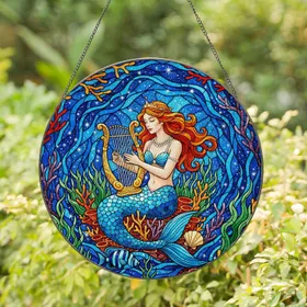 Mermaid Harp Stained Glass Ocean Coral Tiffany Style Home Decor Celestial Art Gift Stained Glass Suncatcher