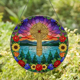 Golden Celtic Cross, Stained Glass Flowers, Pine Trees - Serene Water Landscape Night Sky Stained Glass Suncatcher