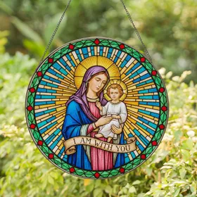 Virgin Mary Baby Jesus Stained Glass Christian Art, Golden Halos, Sunburst Mosaic Stained Glass Suncatcher