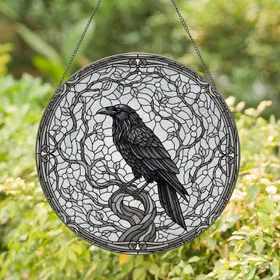 Detailed Black Raven Gnarled Branch Stained Glass Window Decor - Tiffany Style Home Gift Stained Glass Suncatcher