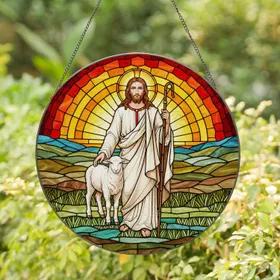 Jesus Christ Lamb Stained Glass - Tiffany Style Jewel Tone Landscape Religious Decor Stained Glass Suncatcher