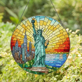 Statue of Liberty NYC Skyline Stained Glass Art Sunrise Sunset Tiffany Style Glowing Stained Glass Suncatcher