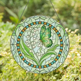 Vibrant Green Butterfly Lily of Valley Tiffany Stained Glass Intricate Floral Art Gift Stained Glass Suncatcher