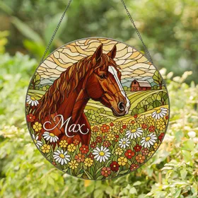 Brown Horse Head Max Stained Glass Wildflower Rural Barn Landscape Tiffany Style Stained Glass Suncatcher