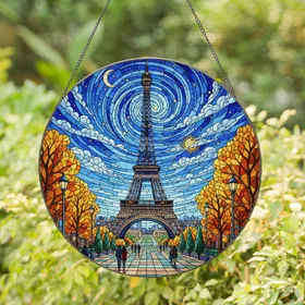 Eiffel Tower Stained Glass Art, Autumn Foliage, Starry Night Sky Mosaic, Cypress Trees Stained Glass Suncatcher