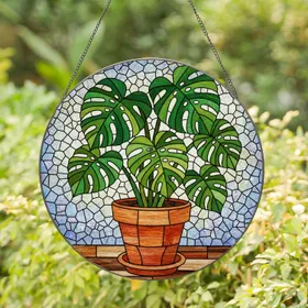 Lush Monstera Plant Stained Glass Window Decor - Terracotta Pot Mosaic Abstract Art Stained Glass Suncatcher
