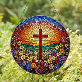 Tiffany Stained Glass Cross Wildflowers Radiant Sunset Sky - Intricate Jewel Tone Art Stained Glass Suncatcher