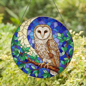 Barn Owl Stained Glass Tiffany Style - Jewel Tone Crescent Moon Starry Night Design Stained Glass Suncatcher