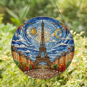 Eiffel Tower Paris City Avenue Tiffany Style Stained Glass Mosaic Sun-Moon Sky Decor Stained Glass Suncatcher