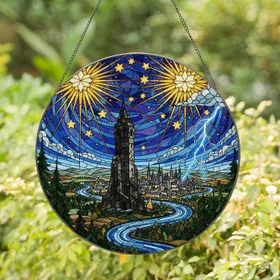 Majestic Stone Tower Fantastical Cityscape Night Lightning Bolt Tiffany Glass Style Stained Glass Suncatcher