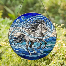 Stained Glass Galloping Horse Mosaic - Tiffany Style Equine Landscape Art Jewel Tones Stained Glass Suncatcher