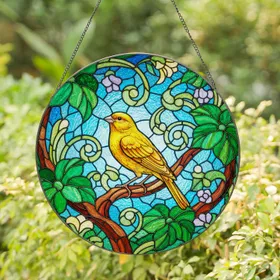 Yellow Canary Finch Stained Glass Tiffany Art Emerald Green Leaves Nature Decor Stained Glass Suncatcher