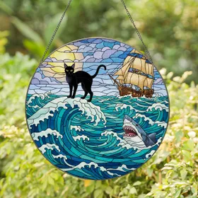 Black Cat Great White Shark Tall Ship - Stormy Seascape Full Moon Marine Adventure Stained Glass Suncatcher