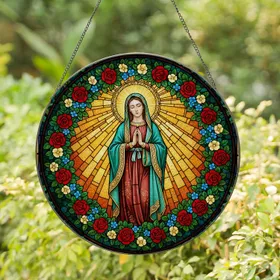 Virgin Mary Praying Floral Golden Halo Sunbeam Tiffany Glass - Spiritual Home Decor Stained Glass Suncatcher