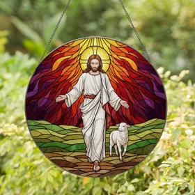 Jesus Christ Lamb Stained Glass Tiffany Style - Radiant Sunburst Landscape Art Stained Glass Suncatcher