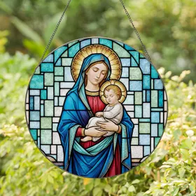 Virgin Mary Baby Jesus Stained Glass Tiffany Mosaic Art - Christian Spiritual Decor Gift Stained Glass Suncatcher