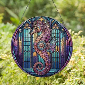 Intricate Seahorse Stained Glass Art - Tiffany Style Jewel Tone Gothic Window Mosaic Decor Stained Glass Suncatcher