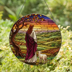 Robed Figure Lamb Gnarled Tree Autumn Foliage - Pastoral Hills Sunset Tiffany Glass Art Stained Glass Suncatcher