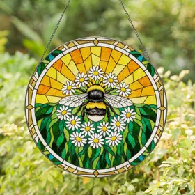 Bumblebee Pollinating Daisy Flowers Stained Glass Mosaic - Tiffany Style Nature Decor Stained Glass Suncatcher
