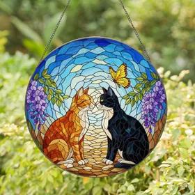 Stained Glass Ginger Tabby Tuxedo Cats Noses Touching - Butterfly Blossoms Jewel Tone Stained Glass Suncatcher