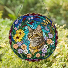 Tabby Cat Stained Glass with Wildflowers & Butterflies - Tiffany Style Cat Lover Gift Stained Glass Suncatcher