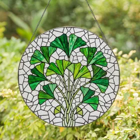 Ginkgo Biloba Stained Glass Leaf Mosaic Tiffany Art Style Emerald Lime Green White Stained Glass Suncatcher