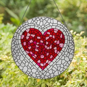 Red Pink Abstract Mosaic Heart Stained Glass Jewel Tones - Tiffany Style Clear Textured Glass Stained Glass Suncatcher