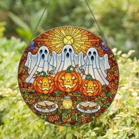 Smiling Jack-o'-lantern Ghosts Picnic Scene - Autumn Halloween Glowing Tiffany-Style Decor Stained Glass Suncatcher