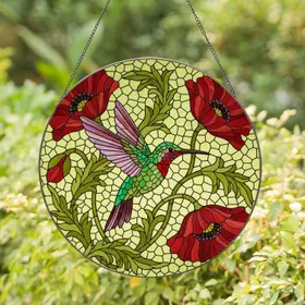 Intricate Hummingbird Poppy Stained Glass Mosaic - Window Art Home Decor Gift Stained Glass Suncatcher