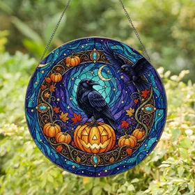 Black Raven Jack-O'-Lantern Stained Glass Tiffany Night Sky Autumn Leaves Halloween Stained Glass Suncatcher