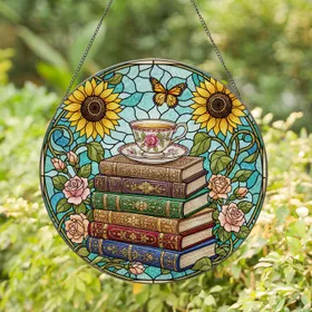 Tiffany Style Books Teacup Sunflowers Roses Butterfly Stained Glass Mosaic Home Decor Stained Glass Suncatcher
