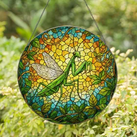 Green Praying Mantis Stained Glass Tiffany Art - Nature Inspired Foliage Sunlight Decor Stained Glass Suncatcher