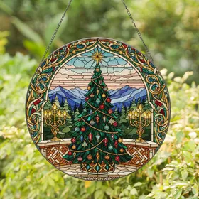 Tiffany Stained Glass Christmas Tree Winter Landscape Candelabra Festive Holiday Decor Stained Glass Suncatcher