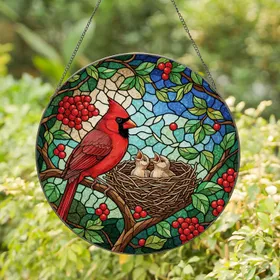 Cardinal Birds Nest Stained Glass - Tiffany Style Red Berries & Green Branches Stained Glass Suncatcher