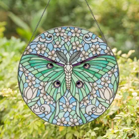 Intricate Stained Glass Luna Moth Eye-Spots - Glowing Jewel Tone Spring Blossom Cloud Art Stained Glass Suncatcher