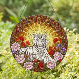 White Tiger Cub Stained Glass Art, Pink Peonies Red Poppies Purple Irises Blossoms Stained Glass Suncatcher